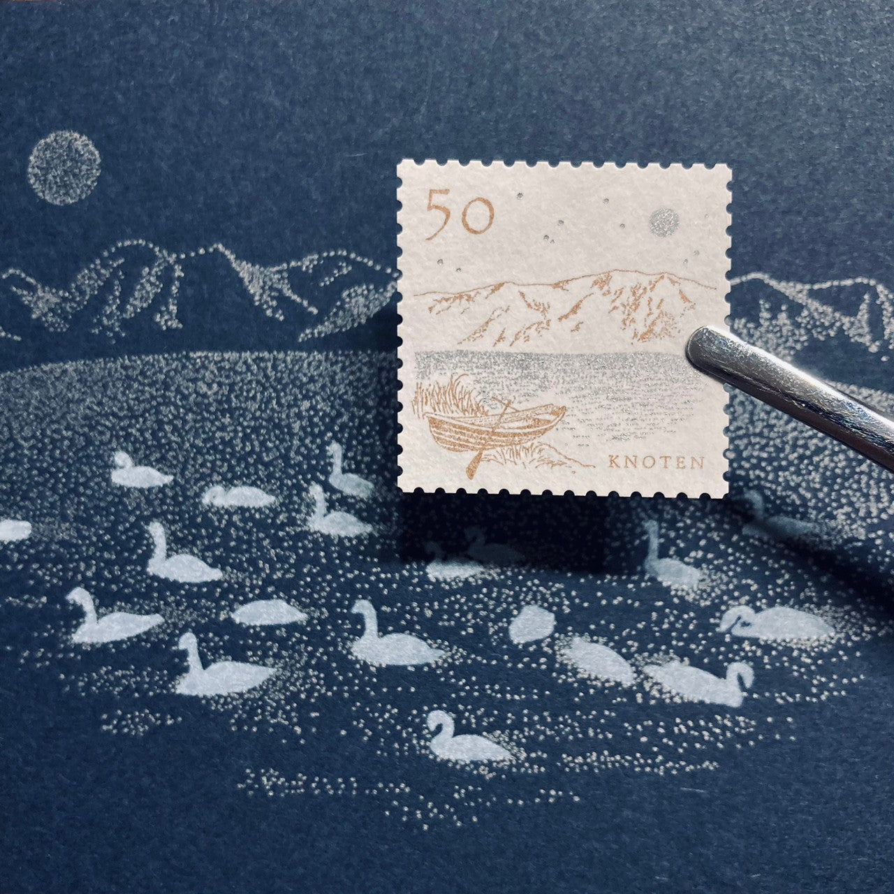 knoten letterpress Postage Stamp Sticker Moonlit Night